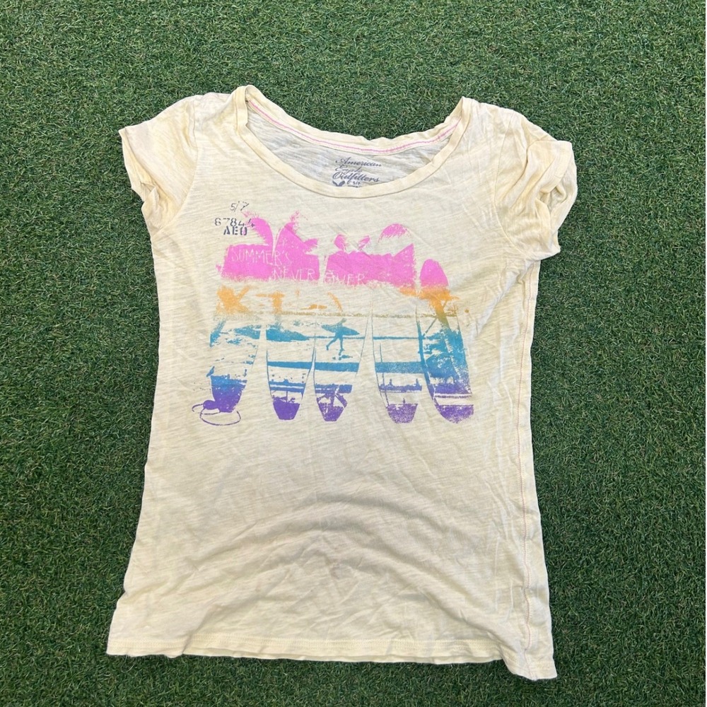 American Eagle Outfitters Yellow Surfboard Graphic Tee Summer Never Over Small